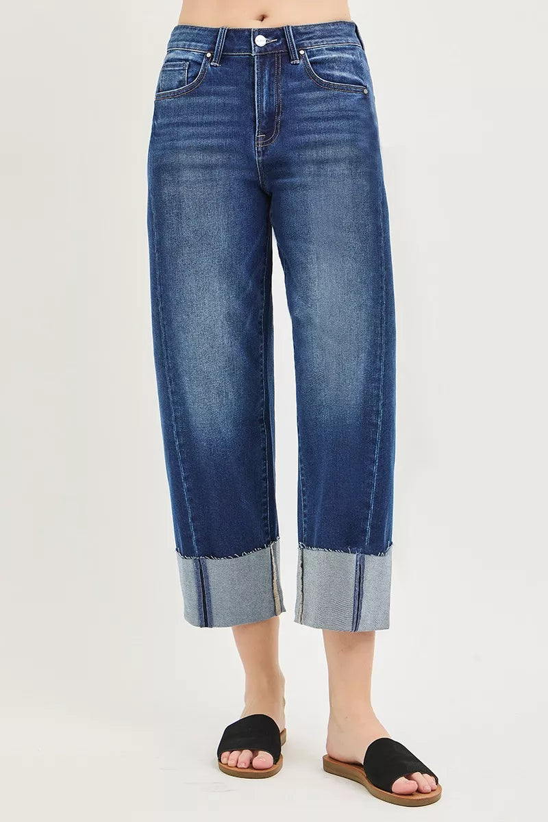 RISEN Slouchy Crop Barrel Cuffed Blue Jeans Small to 3XL