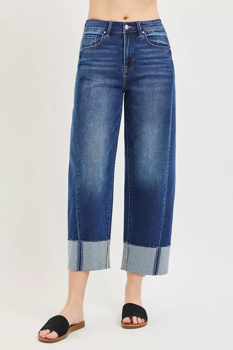 RISEN Slouchy Crop Barrel Cuffed Blue Jeans Small to 3XL
