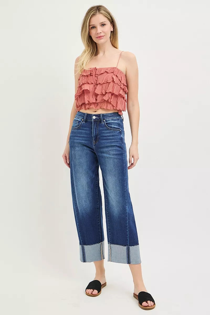 RISEN Slouchy Crop Barrel Cuffed Blue Jeans Small to 3XL
