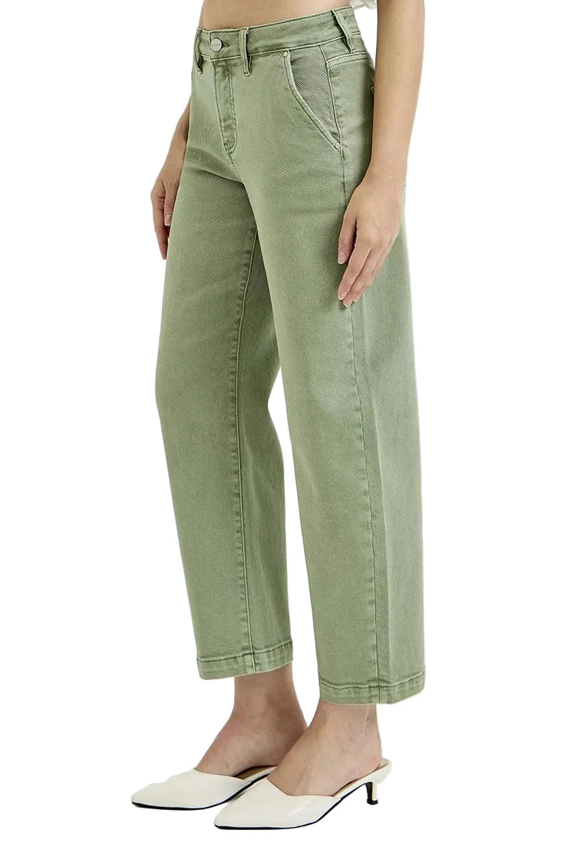Garden Naked Womens Casual Jeans Wide Leg Cropped High Waisted Straight Cut Sage Green Pants Streetwear Fashion