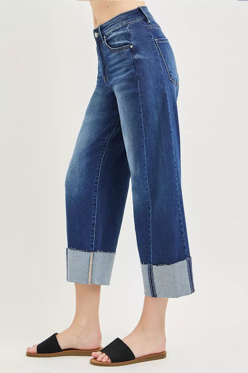 RISEN Slouchy Crop Barrel Cuffed Blue Jeans Small to 3XL