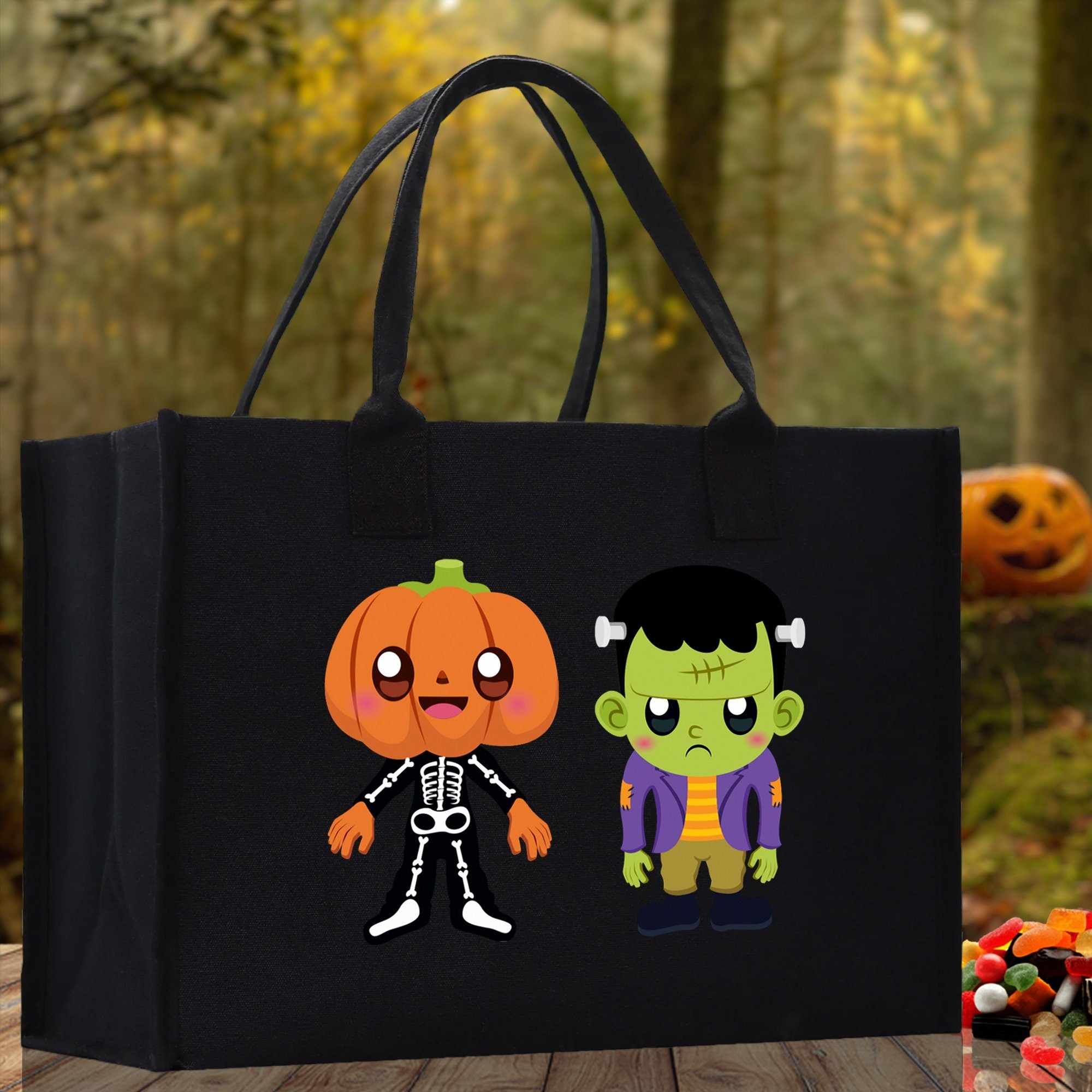 Halloween Trick or Treat Tote Bag Halloween Tote Bag for Kids Halloween Gift Halloween Candy Bag Halloween Doodles Cute Canvas Tote Bag
