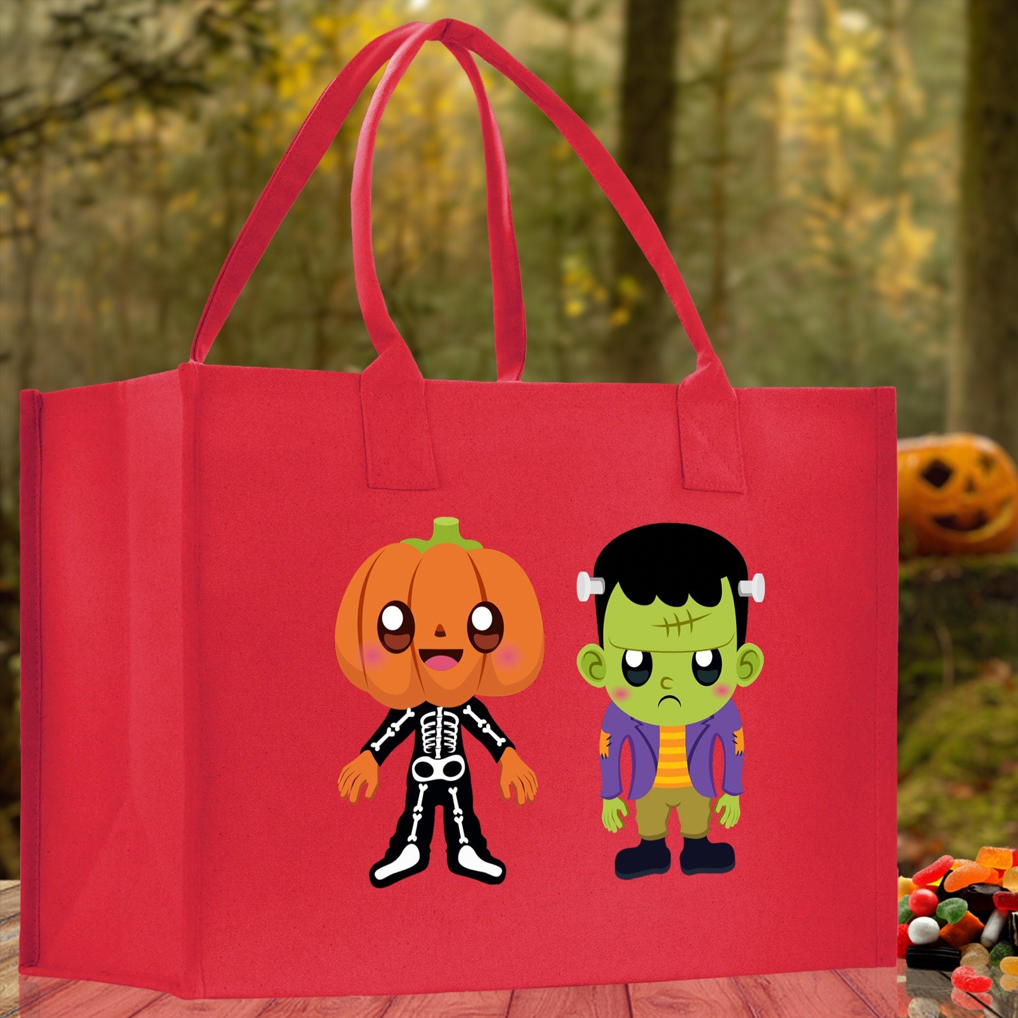Halloween Trick or Treat Tote Bag Halloween Tote Bag for Kids Halloween Gift Halloween Candy Bag Halloween Doodles Cute Canvas Tote Bag