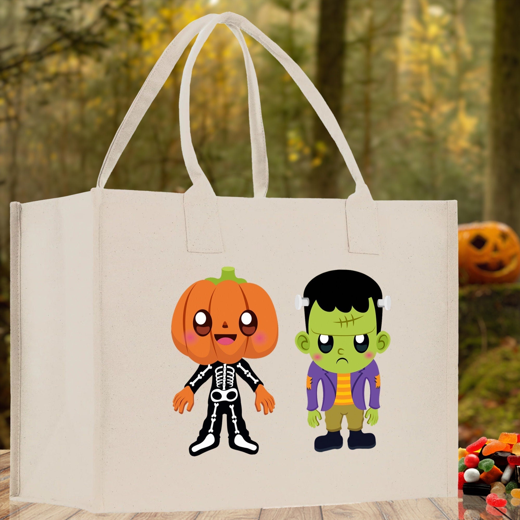 Halloween Trick or Treat Tote Bag Halloween Tote Bag for Kids Halloween Gift Halloween Candy Bag Halloween Doodles Cute Canvas Tote Bag